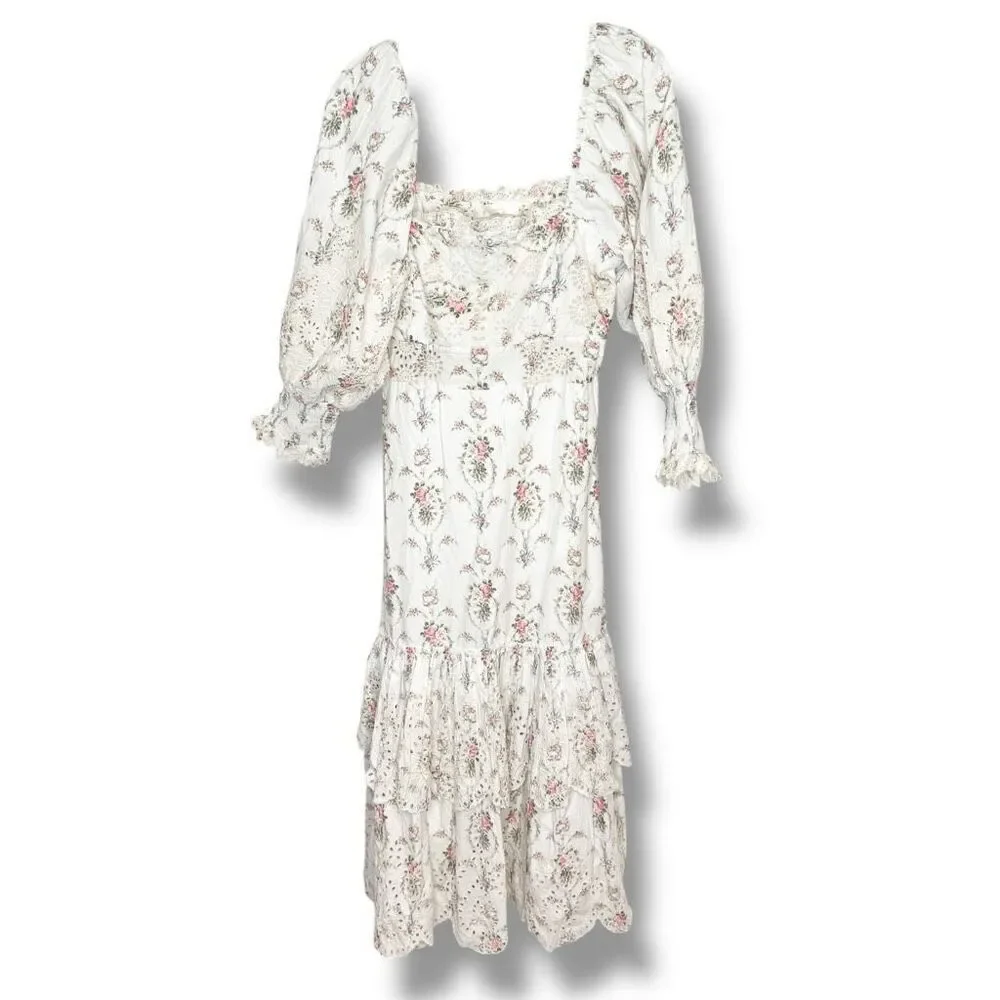LoveShackFancy Toulon Midi Vanilla Kisses Embroidered Ruffle Dress Women’s Sz 6 - Picture 3 of 14